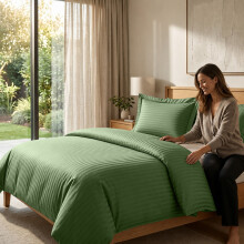 (Double, Olive Green) Striped Duvet Cover Set with 2 Pillowcases - Soft Reversible Stripe Bedding Set | Single Double King Sizes - 15 Colours