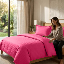 (Super King, Pink) Striped Duvet Cover Set with 2 Pillowcases - Soft Reversible Stripe Bedding Set | Single Double King Sizes - 15 Colours