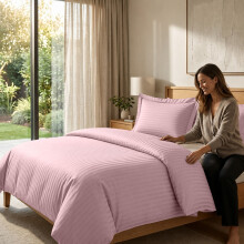 (Single, Peach) Striped Duvet Cover Set with 2 Pillowcases - Soft Reversible Stripe Bedding Set | Single Double King Sizes - 15 Colours