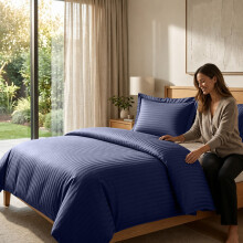 (Double, Navy Blue) Striped Duvet Cover Set with 2 Pillowcases - Soft Reversible Stripe Bedding Set | Single Double King Sizes - 15 Colours