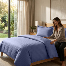 (Single, Washed Blue) Striped Duvet Cover Set with 2 Pillowcases - Soft Reversible Stripe Bedding Set | Single Double King Sizes - 15 Colours