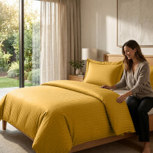 (King, Ochre) Striped Duvet Cover Set with 2 Pillowcases - Soft Reversible Stripe Bedding Set | Single Double King Sizes - 15 Colours