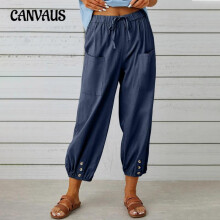 (Blue, 5XL) Women's High Waist Cotton Linen Pants Loose Fit Nine Points Wide Leg Casual Trousers