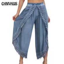 (Blue, L) High Waist Wide Leg Ninth Length Harem Pants Solid Color Women Lace Trim Casual Pants Lady Clothing