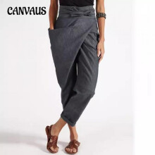 (Gray, XL) Spring and Autumn Women's Irregular Lacing Nine Tenths Pants Casual Pant High Waist Straight Leg