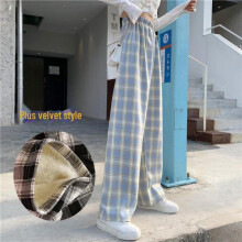 (Matches the image, thin, One size (80-140 catties)) Women's High Waist Thickened Velvet Plaid Wide-Leg Casual Trousers
