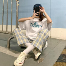 (Gray and white plaid, One Size (40-70kg)) Women's Summer Plaid High-Waist Wide-Leg Pants – Thin, Casual, Loose, Straight Fit Comfortable Trousers