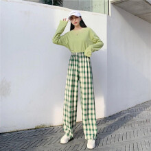 (Brown, thin, One size (80-140 catties)) Women's High Waist Thickened Velvet Plaid Wide-Leg Casual Trousers