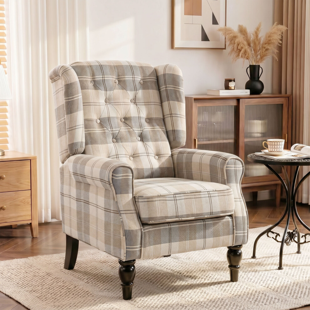 Homcom Accent Chair Wingback Armchair Retro Tufted, Khaki Plaid