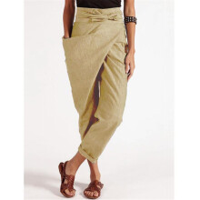 (Khaki, 3XL) Spring and Autumn Women's Irregular Lacing Nine Tenths Pants Casual Pant High Waist Straight Leg