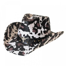 (White, M) (M, Black) Straw Sun Hat Retro Tie-Dye Cow Spots Print Wide Brim Western Cowgirl Hat