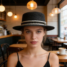 (White, One Size) (One Size, Black) Women's Summer Straw Hat Wide Brim Beach Cap Lightweight Sun Hat with Pearl Braided Band