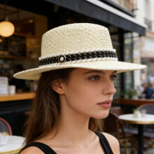 (Creamy White, One Size) (One Size, White) Women's Summer Straw Hat Wide Brim Beach Cap Lightweight Sun Hat with Pearl Braided Band