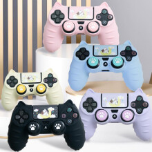 (Blue) Cartoon Cute Silicone PS4 Controller Case with Joystick Caps, Stickers & Anti-Dust Ring