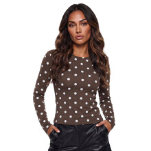 (M, Dark Brown) Women Basic Fall Tops Casual Cute Dot Print Long Sleeve Shirt for Club Streetwear Aesthetic Clothes