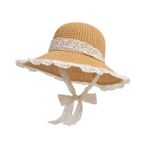 (Khaki, One Size) (One Size, Khaki) Women Summer Straw Hat Bucket Cap Lace Patchwork Bucket Hats UV Protection Beach Holiday Sun Hat