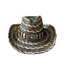 (Black Beige, One Size) (One Size, Black Beige) Men Women Beach Hat Breathable Cowgirl Straw Hat Stylish Bead Design Wide Brim Sun Hat