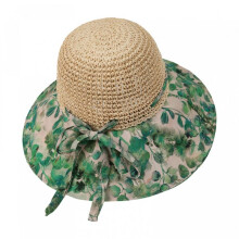 (Green, One Size) (One Size, Green) Women's Bohemian Patchwork Straw Hat Wide Brim Breathable Sun Protection Beach Cap Foldable Summer Floral Sun Hat