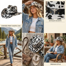 (White, M) (M, White) Straw Sun Hat Retro Tie-Dye Cow Spots Print Wide Brim Western Cowgirl Hat