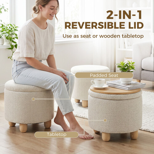 Homcom HOMCOM Round Storage Ottoman with Reversible Lid, Beige 2