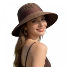 (Khaki, One Size) (One Size, Brown) Women's Summer Straw Hat Wide Brim Beach Cap Outdoor Hollow Sun Hat with Bowknot