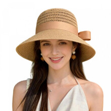 (Black, One Size) (One Size, Khaki) Women's Summer Straw Hat Wide Brim Beach Cap Outdoor Hollow Sun Hat with Bowknot