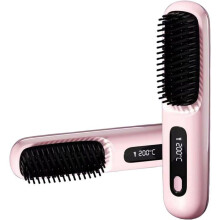 Spazzola lisciante 2 in 1 con ioni negativi, mini pettine riscaldato portatile senza fili, rosa, per uno styling impeccabile.