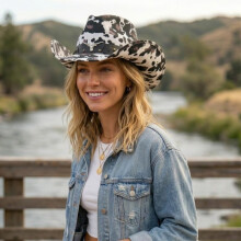 (Black, M) (M, Black) Straw Sun Hat Retro Tie-Dye Cow Spots Print Wide Brim Western Cowgirl Hat