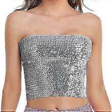 (One Size, Silver) Women's Sparkly Sequin Mermaid Crop Top, Strapless Metallic Tube Top for Party & Clubwear, Shiny Fashion Top for Women