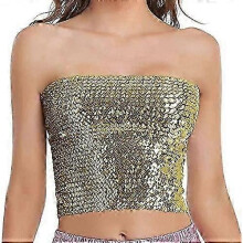 (M, Gold) Women's Sparkly Sequin Mermaid Crop Top, Strapless Metallic Tube Top for Party & Clubwear, Shiny Fashion Top for Women