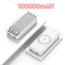 (White 100000mAH) 100000mAh Wireless Power Bank Built in Cable Portable Super Fast Charging Large Capacity Powerbank for iPhone17 Samsung Xiaomi