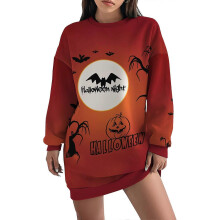 (XXXL, Earthy Yellow) Women'S Loose Straight Dresses Round Neck Long Sleeve Pullovers Dress Halloween Theme Printed