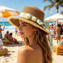 (Khaki, One Size) (One Size, Khaki) Women's Summer Straw Hat Wide Brim Beach Cap Lightweight Sun Hat with Band & Faux Flowers