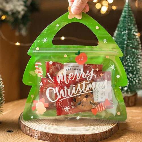 Sacos Ziplock de Natal em formato de árvore, transparentes e reutilizáveis.