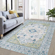 Boho Area Rug Blue 4 x 6 ft Machine Washable Non-Slip