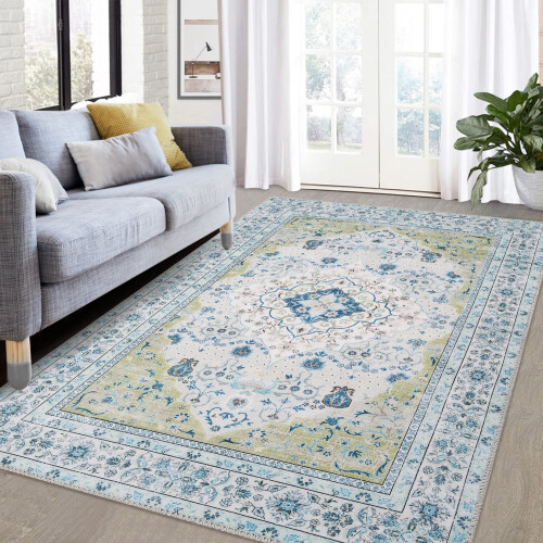 Boho Area Rug Blue 4 x 6 ft Machine Washable Non-Slip