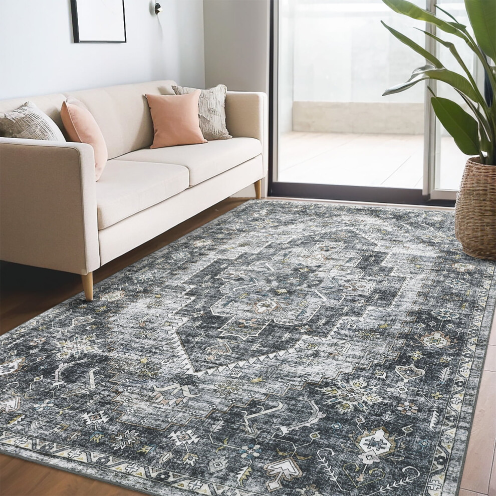 Grey Oriental vintage area rug washable stain-resistant 5'