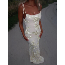 (Creamy White, XL) GY25174 Spaghettibandsklänning med 3D-blommor för sommaren 2024