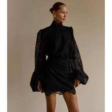 (Black, XL) GY25234 High Neck Lantern Sleeve Lace Two-Piece Set for Early Spring 2025