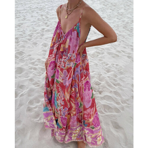 (Red, S) Robe de vacances ample à bretelles imprimées GY26007