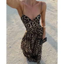 (Leopard Print, XS) GY25014 2025 Summer Women's Sleek Leopard Print Sleeveless Maxi Dress