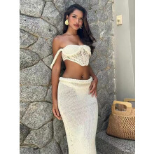 (Ivory White Set, L) GY26028 Sexy, hult todelt sett med ferieskjørt og splitt