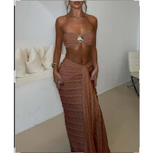 (Chestnut, XL) Stor GY26049 Spets Jacquard Baddräkt Set med Två Delar för Strandsemester