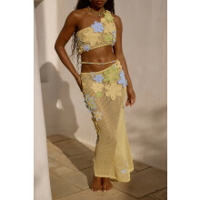 (Yellow one-shoulder set, XL) GY26040 3D Blomsterperlesett med skulderfrie detaljer Sommer 2025