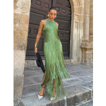 (Green, XL) GY26163 Fantastisk maxikjole med halterneck og frynser for festlig eleganse