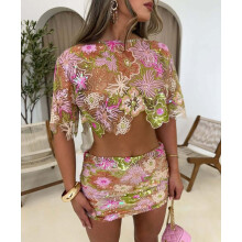 (Pink Short Set, L) GY26100 2025 Besticktes Pailletten-Partyrock-Set