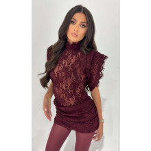 (Dark Red, L) GY26168 Halbhohes, figurbetontes, gerüschtes und sexy Spitzenkleid mit hohem Kragen