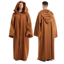 (L, Brown) Men Black Jedi Robe Cosplay Knight Monk Hooded Cloak Brown Medieval Ritual Halloween Costume