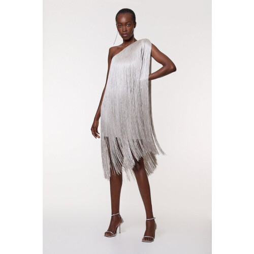 (White, M) GY26142 Elegantes Fransen-Partykleid mit dynamischem Rock