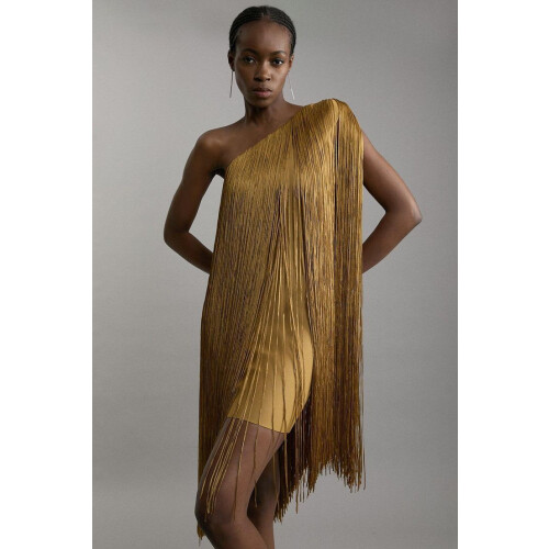 (Gold, S) Robe de soirée chic à franges GY26142 avec jupe dynamique
